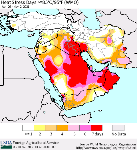 Middle East and Turkey Heat Stress Days >=35°C/95°F (WMO) Thematic Map For 4/26/2021 - 5/2/2021