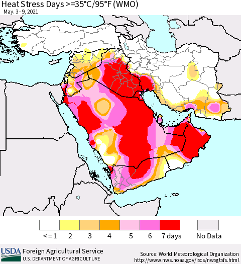 Middle East and Turkey Heat Stress Days >=35°C/95°F (WMO) Thematic Map For 5/3/2021 - 5/9/2021