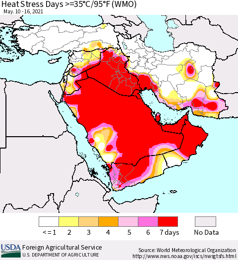 Middle East and Turkey Heat Stress Days >=35°C/95°F (WMO) Thematic Map For 5/10/2021 - 5/16/2021