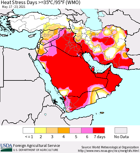 Middle East and Turkey Heat Stress Days >=35°C/95°F (WMO) Thematic Map For 5/17/2021 - 5/23/2021