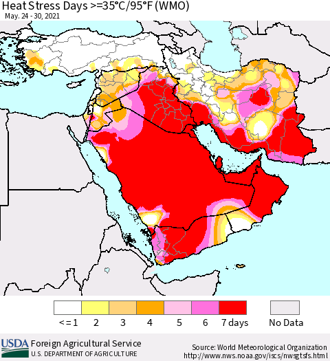 Middle East and Turkey Heat Stress Days >=35°C/95°F (WMO) Thematic Map For 5/24/2021 - 5/30/2021