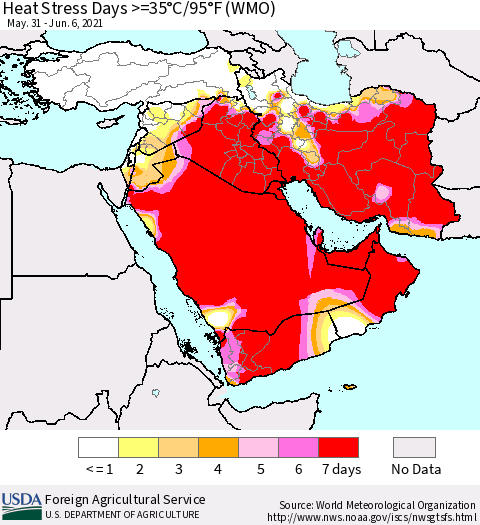 Middle East and Turkey Heat Stress Days >=35°C/95°F (WMO) Thematic Map For 5/31/2021 - 6/6/2021