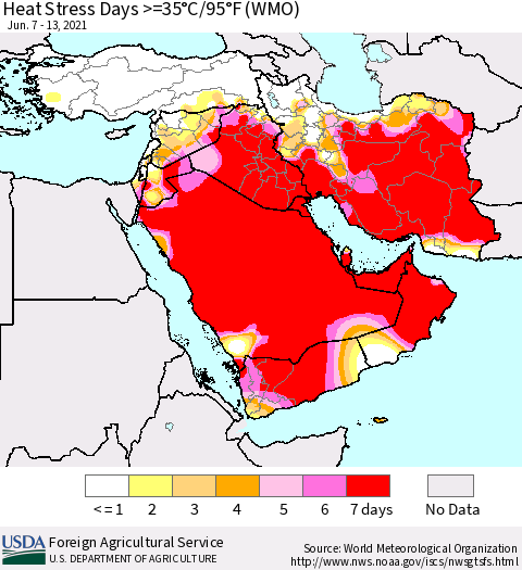 Middle East and Turkey Heat Stress Days >=35°C/95°F (WMO) Thematic Map For 6/7/2021 - 6/13/2021