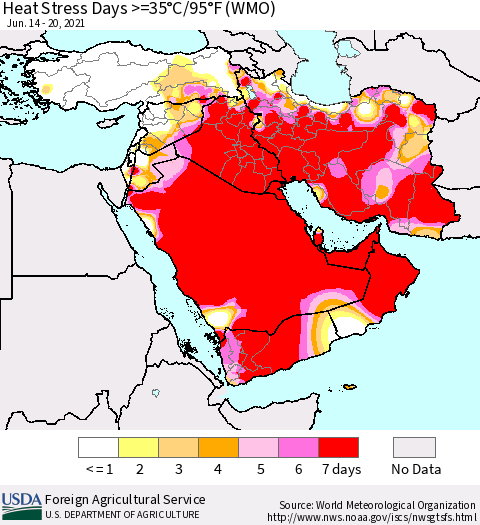 Middle East and Turkey Heat Stress Days >=35°C/95°F (WMO) Thematic Map For 6/14/2021 - 6/20/2021