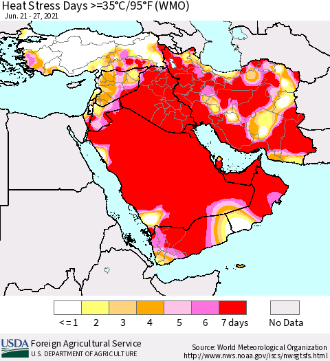 Middle East and Turkey Heat Stress Days >=35°C/95°F (WMO) Thematic Map For 6/21/2021 - 6/27/2021