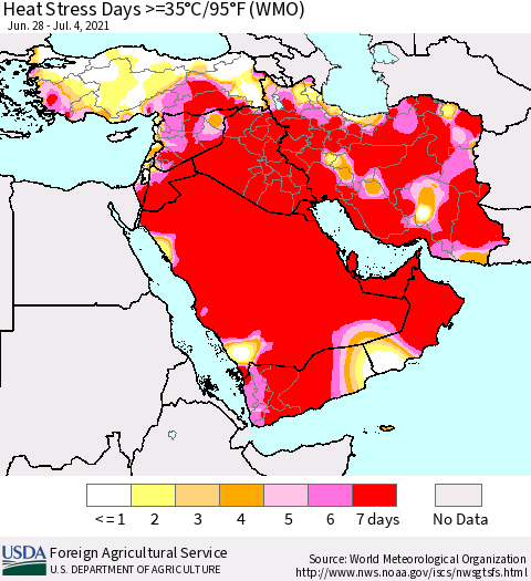 Middle East and Turkey Heat Stress Days >=35°C/95°F (WMO) Thematic Map For 6/28/2021 - 7/4/2021