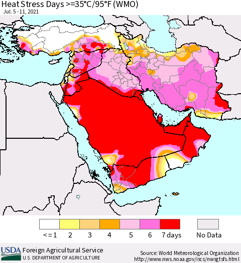 Middle East and Turkey Heat Stress Days >=35°C/95°F (WMO) Thematic Map For 7/5/2021 - 7/11/2021