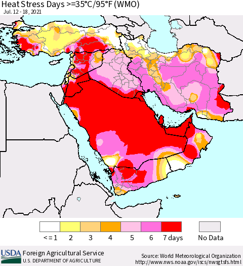 Middle East and Turkey Heat Stress Days >=35°C/95°F (WMO) Thematic Map For 7/12/2021 - 7/18/2021