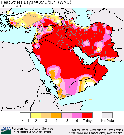 Middle East and Turkey Heat Stress Days >=35°C/95°F (WMO) Thematic Map For 7/19/2021 - 7/25/2021