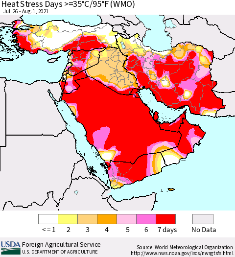 Middle East and Turkey Heat Stress Days >=35°C/95°F (WMO) Thematic Map For 7/26/2021 - 8/1/2021