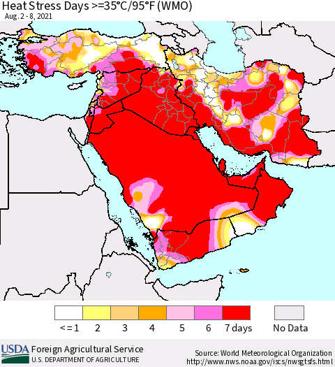 Middle East and Turkey Heat Stress Days >=35°C/95°F (WMO) Thematic Map For 8/2/2021 - 8/8/2021