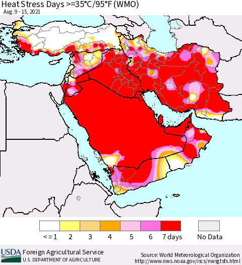 Middle East and Turkey Heat Stress Days >=35°C/95°F (WMO) Thematic Map For 8/9/2021 - 8/15/2021