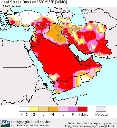 Middle East and Turkey Heat Stress Days >=35°C/95°F (WMO) Thematic Map For 8/16/2021 - 8/22/2021