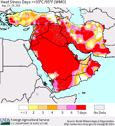 Middle East and Turkey Heat Stress Days >=35°C/95°F (WMO) Thematic Map For 8/23/2021 - 8/29/2021