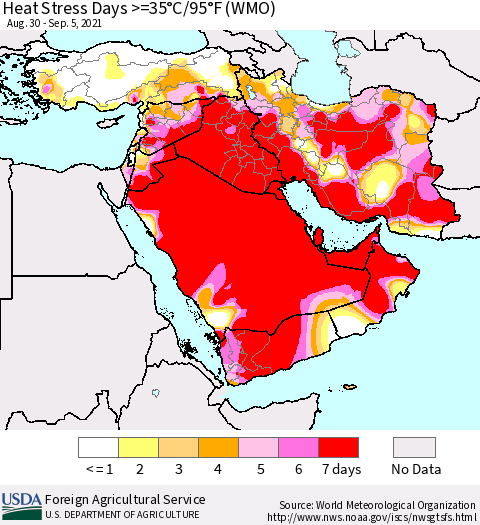 Middle East and Turkey Heat Stress Days >=35°C/95°F (WMO) Thematic Map For 8/30/2021 - 9/5/2021