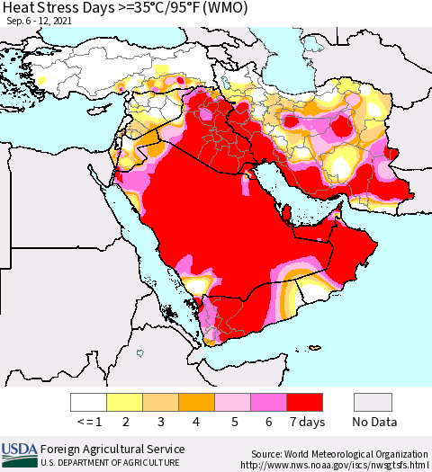Middle East and Turkey Heat Stress Days >=35°C/95°F (WMO) Thematic Map For 9/6/2021 - 9/12/2021