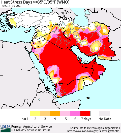 Middle East and Turkey Heat Stress Days >=35°C/95°F (WMO) Thematic Map For 9/13/2021 - 9/19/2021