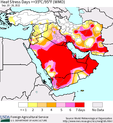 Middle East and Turkey Heat Stress Days >=35°C/95°F (WMO) Thematic Map For 9/20/2021 - 9/26/2021