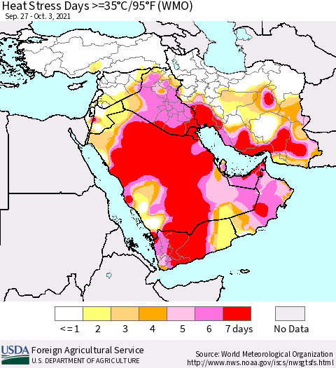 Middle East and Turkey Heat Stress Days >=35°C/95°F (WMO) Thematic Map For 9/27/2021 - 10/3/2021