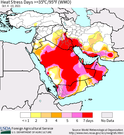 Middle East and Turkey Heat Stress Days >=35°C/95°F (WMO) Thematic Map For 10/4/2021 - 10/10/2021