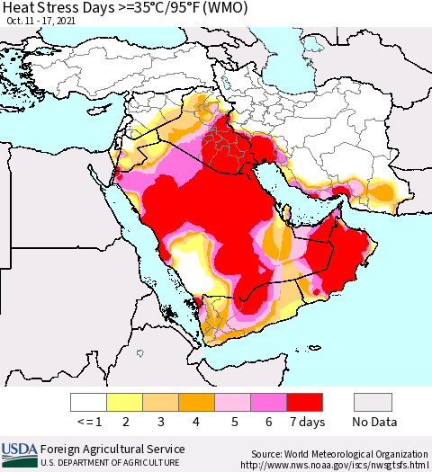 Middle East and Turkey Heat Stress Days >=35°C/95°F (WMO) Thematic Map For 10/11/2021 - 10/17/2021