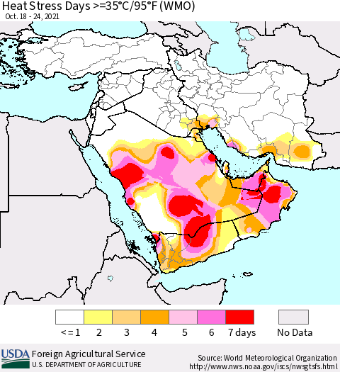 Middle East and Turkey Heat Stress Days >=35°C/95°F (WMO) Thematic Map For 10/18/2021 - 10/24/2021