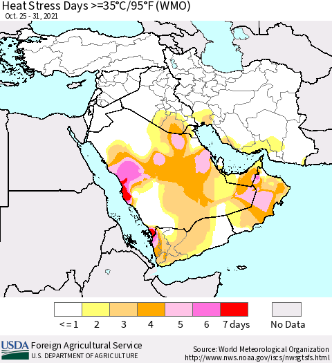 Middle East and Turkey Heat Stress Days >=35°C/95°F (WMO) Thematic Map For 10/25/2021 - 10/31/2021
