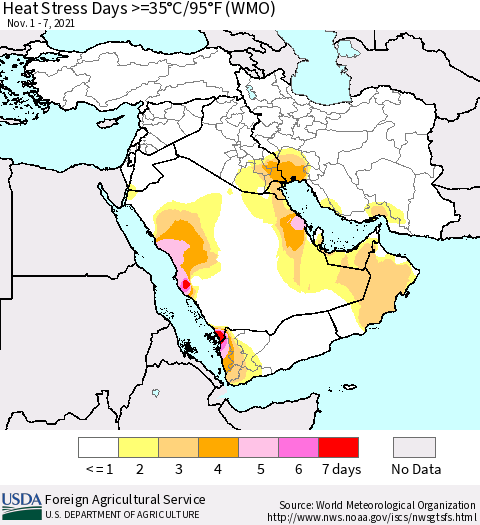 Middle East and Turkey Heat Stress Days >=35°C/95°F (WMO) Thematic Map For 11/1/2021 - 11/7/2021