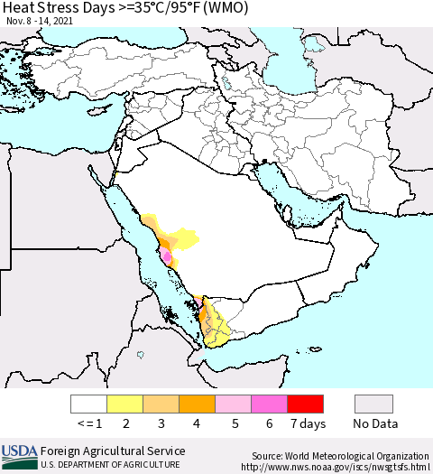 Middle East and Turkey Heat Stress Days >=35°C/95°F (WMO) Thematic Map For 11/8/2021 - 11/14/2021
