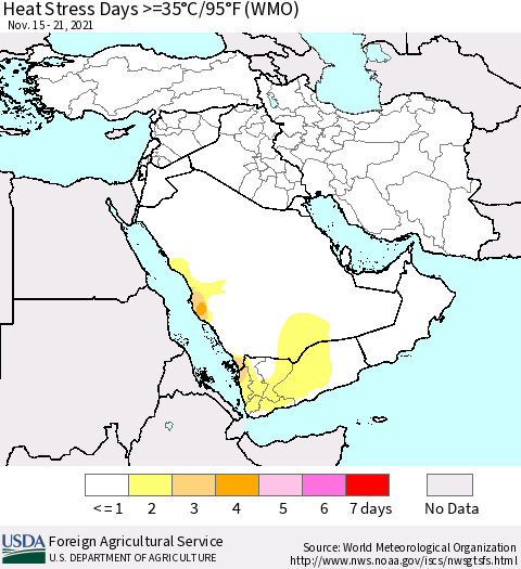 Middle East and Turkey Heat Stress Days >=35°C/95°F (WMO) Thematic Map For 11/15/2021 - 11/21/2021