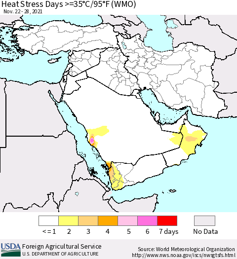 Middle East and Turkey Heat Stress Days >=35°C/95°F (WMO) Thematic Map For 11/22/2021 - 11/28/2021