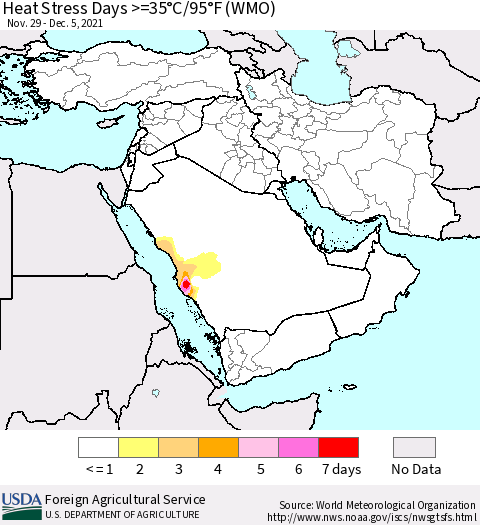 Middle East and Turkey Heat Stress Days >=35°C/95°F (WMO) Thematic Map For 11/29/2021 - 12/5/2021
