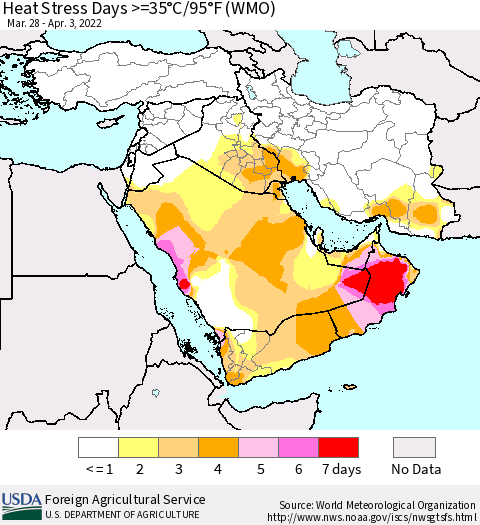 Middle East and Turkey Heat Stress Days >=35°C/95°F (WMO) Thematic Map For 3/28/2022 - 4/3/2022