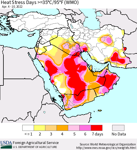 Middle East and Turkey Heat Stress Days >=35°C/95°F (WMO) Thematic Map For 4/4/2022 - 4/10/2022