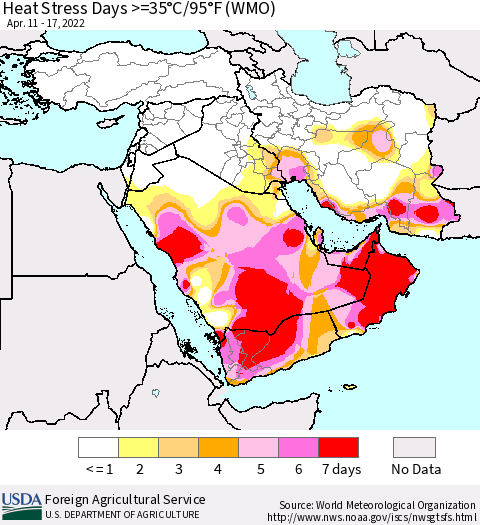 Middle East and Turkey Heat Stress Days >=35°C/95°F (WMO) Thematic Map For 4/11/2022 - 4/17/2022