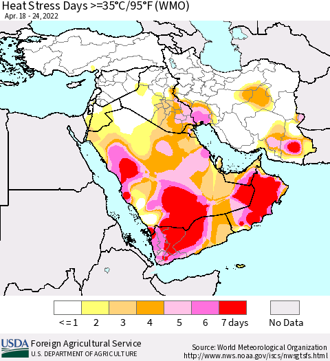 Middle East and Turkey Heat Stress Days >=35°C/95°F (WMO) Thematic Map For 4/18/2022 - 4/24/2022
