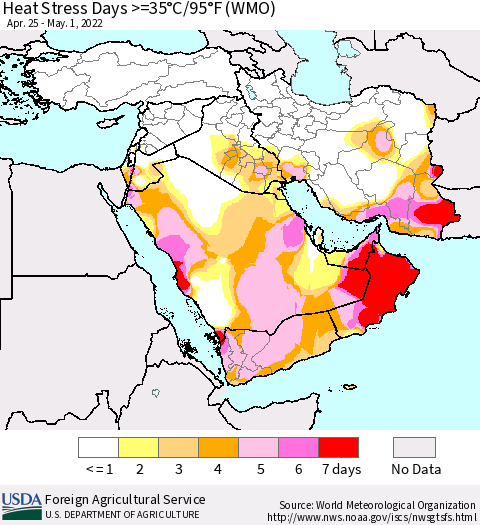 Middle East and Turkey Heat Stress Days >=35°C/95°F (WMO) Thematic Map For 4/25/2022 - 5/1/2022