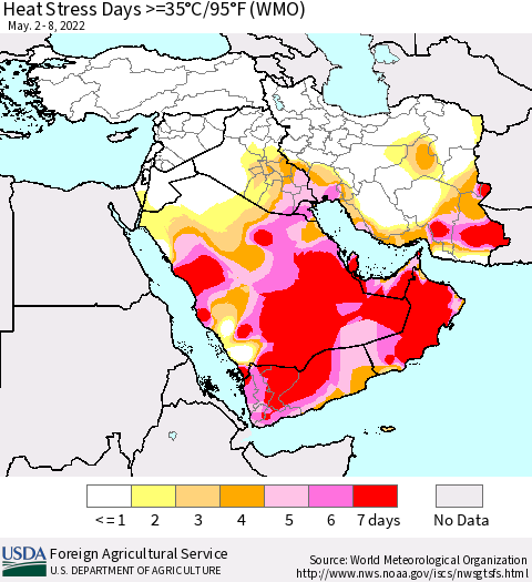 Middle East and Turkey Heat Stress Days >=35°C/95°F (WMO) Thematic Map For 5/2/2022 - 5/8/2022