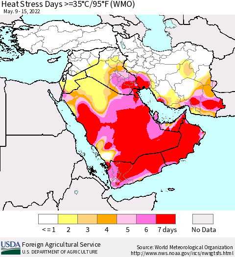 Middle East and Turkey Heat Stress Days >=35°C/95°F (WMO) Thematic Map For 5/9/2022 - 5/15/2022
