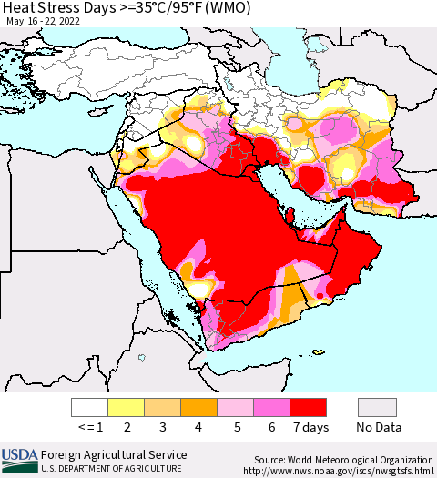 Middle East and Turkey Heat Stress Days >=35°C/95°F (WMO) Thematic Map For 5/16/2022 - 5/22/2022