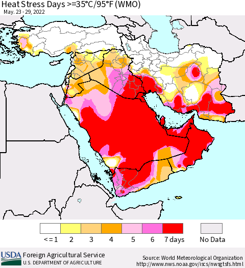Middle East and Turkey Heat Stress Days >=35°C/95°F (WMO) Thematic Map For 5/23/2022 - 5/29/2022