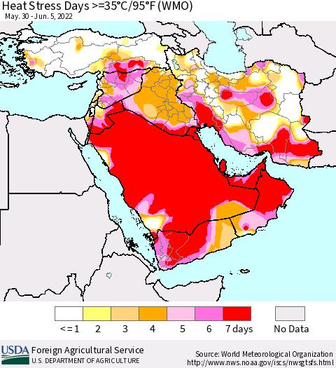 Middle East and Turkey Heat Stress Days >=35°C/95°F (WMO) Thematic Map For 5/30/2022 - 6/5/2022