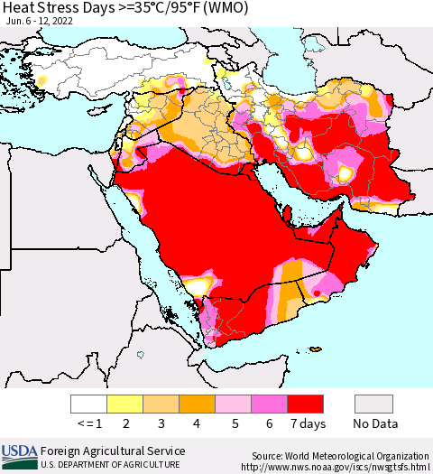 Middle East and Turkey Heat Stress Days >=35°C/95°F (WMO) Thematic Map For 6/6/2022 - 6/12/2022