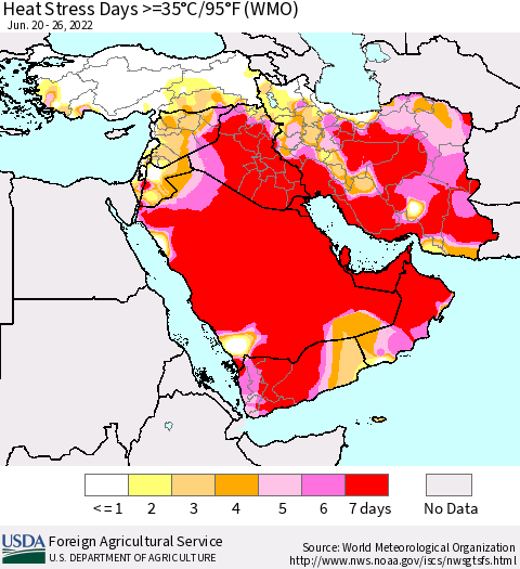 Middle East and Turkey Heat Stress Days >=35°C/95°F (WMO) Thematic Map For 6/20/2022 - 6/26/2022
