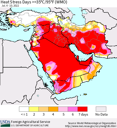 Middle East and Turkey Heat Stress Days >=35°C/95°F (WMO) Thematic Map For 7/4/2022 - 7/10/2022