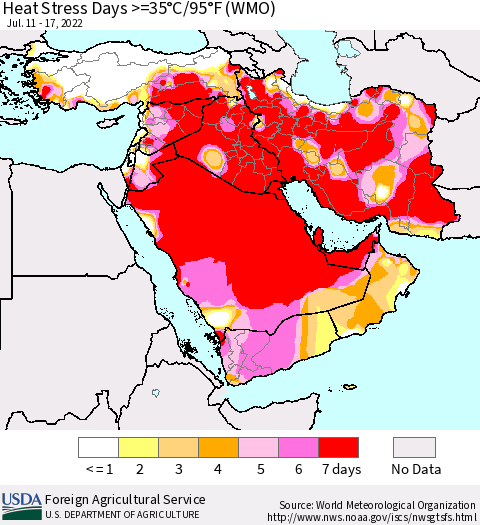 Middle East and Turkey Heat Stress Days >=35°C/95°F (WMO) Thematic Map For 7/11/2022 - 7/17/2022