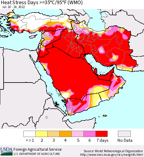 Middle East and Turkey Heat Stress Days >=35°C/95°F (WMO) Thematic Map For 7/18/2022 - 7/24/2022