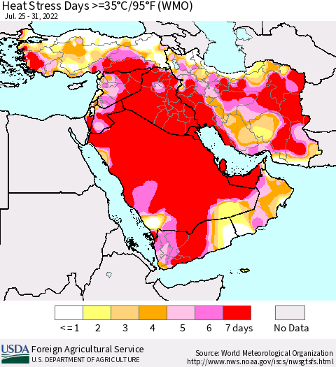 Middle East and Turkey Heat Stress Days >=35°C/95°F (WMO) Thematic Map For 7/25/2022 - 7/31/2022