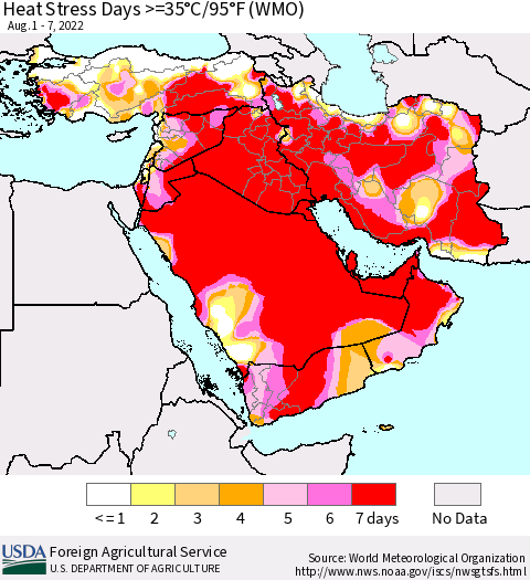 Middle East and Turkey Heat Stress Days >=35°C/95°F (WMO) Thematic Map For 8/1/2022 - 8/7/2022