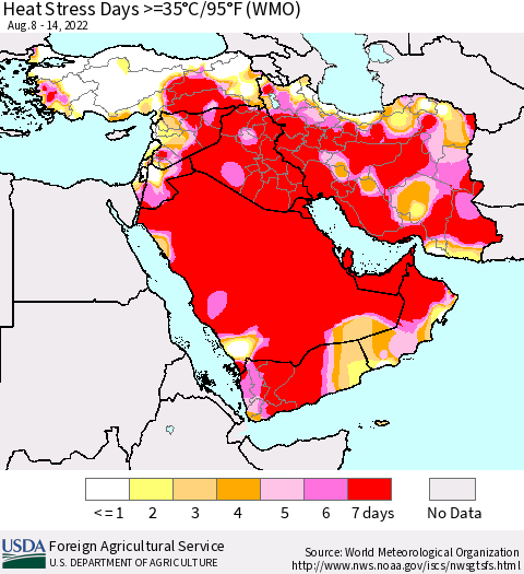 Middle East and Turkey Heat Stress Days >=35°C/95°F (WMO) Thematic Map For 8/8/2022 - 8/14/2022